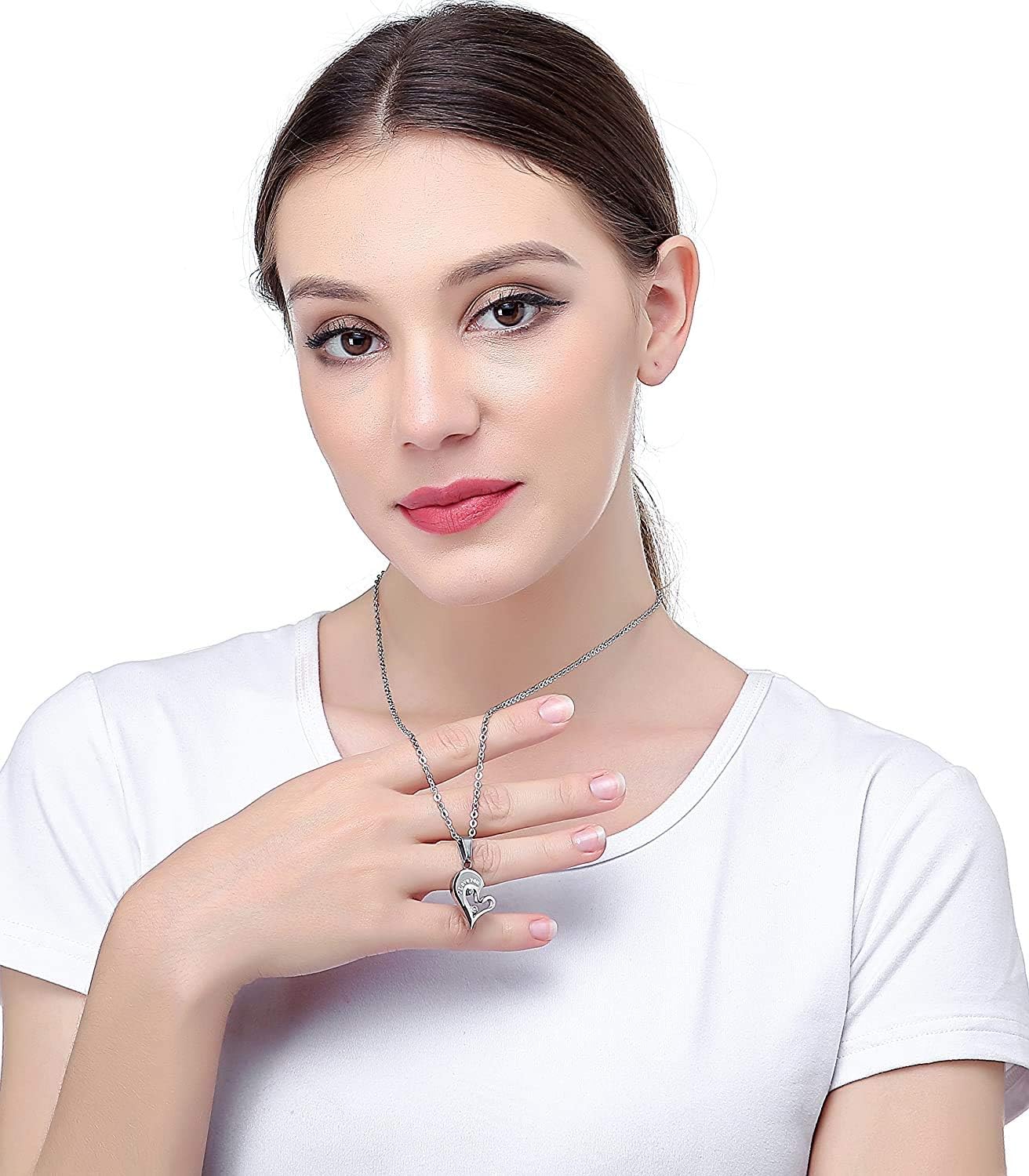 Stainless Steel Mens Womens Couple Necklace Pendant Love Heart CZ Puzzle Matching
