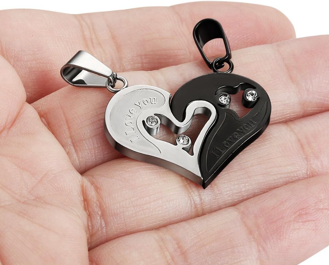 Stainless Steel Mens Womens Couple Necklace Pendant Love Heart CZ Puzzle Matching