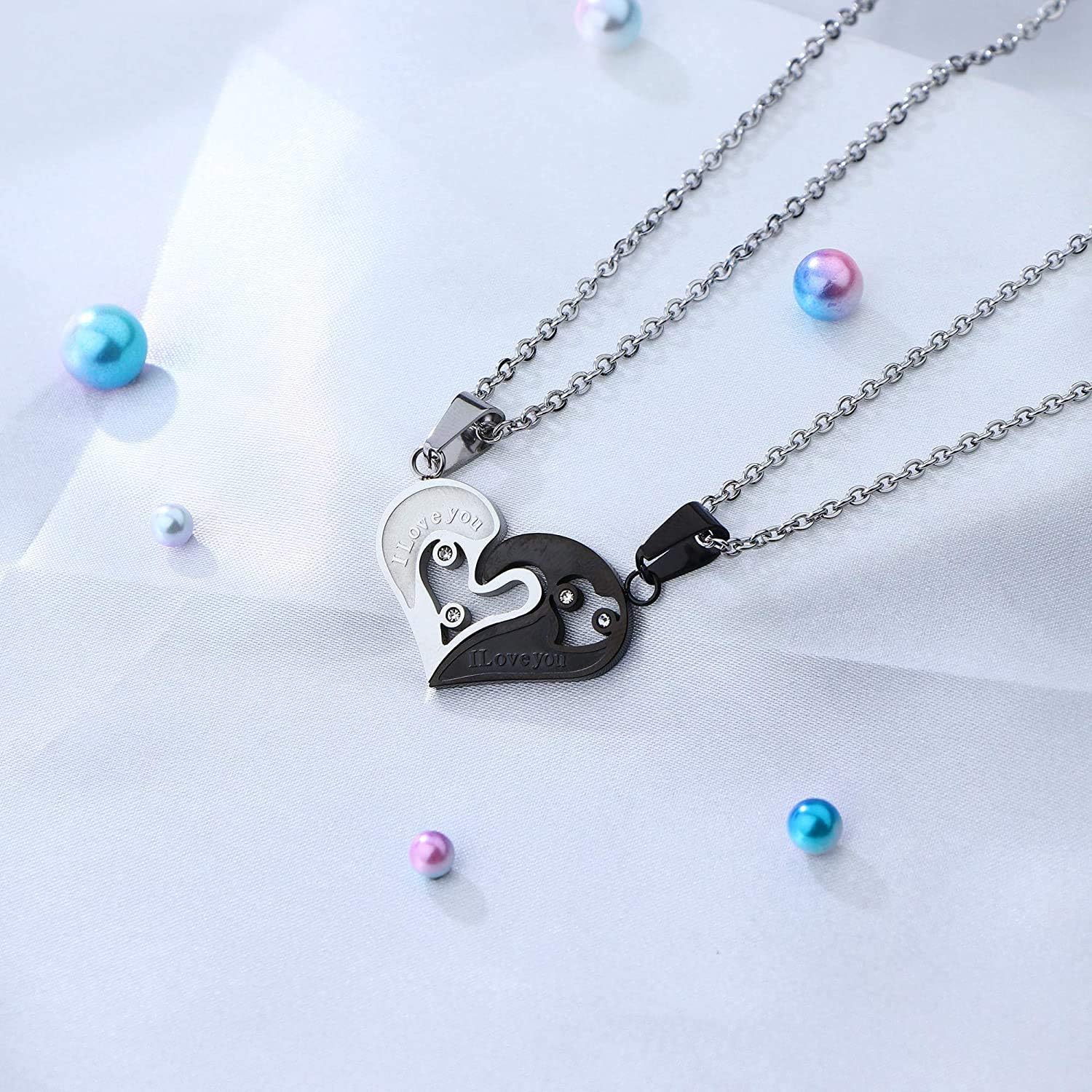 Stainless Steel Mens Womens Couple Necklace Pendant Love Heart CZ Puzzle Matching